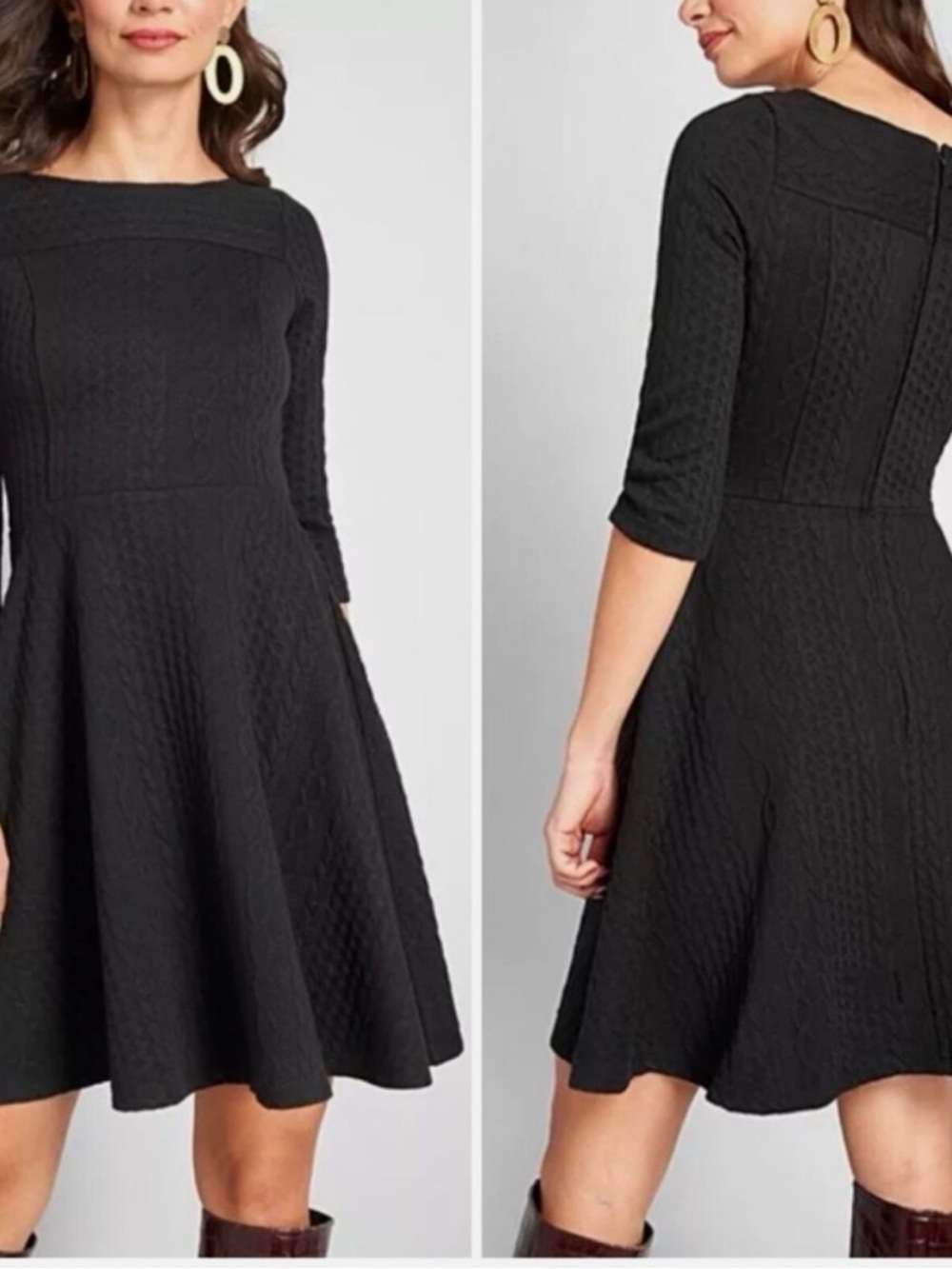Modcloth Braid My Day Black Textured Fit & Flare Dress